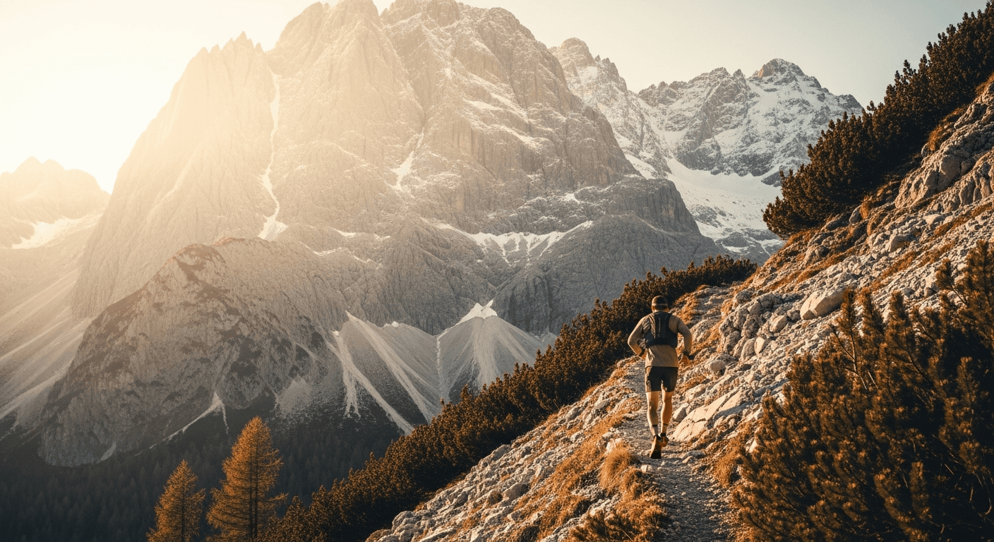 Solo trail runner ascending a steep rocky alpine path with snow-dusted Zugspitze peaks rising ahead.