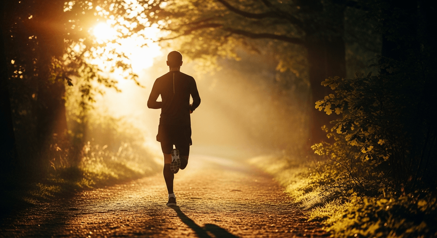 A lone runner finishing an early-morning run on a tree-lined path in soft golden dawn light.