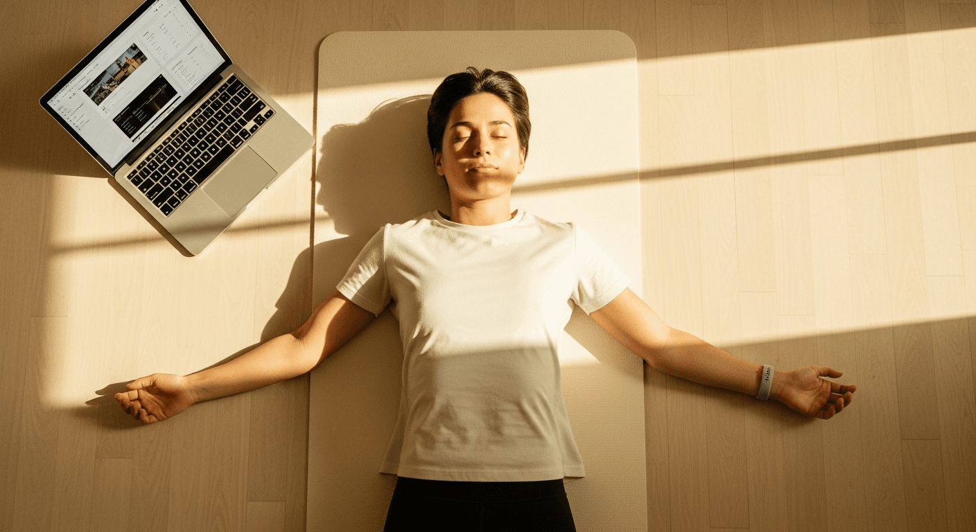 Person lying in savasana on a cream yoga mat, overhead view with soft golden light and HRV wristband.