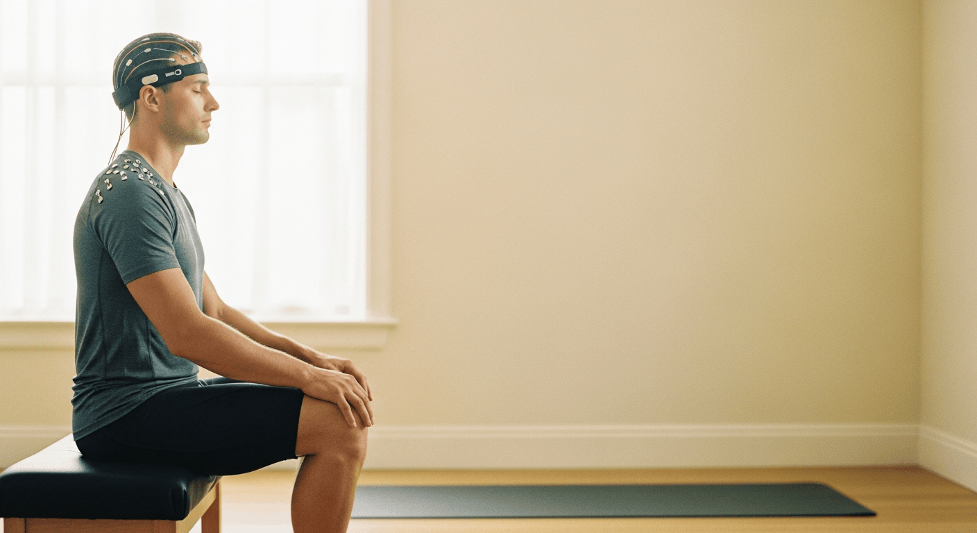 Athlete wearing an EEG sensor headband sits calmly with eyes closed in a minimalist recovery space.