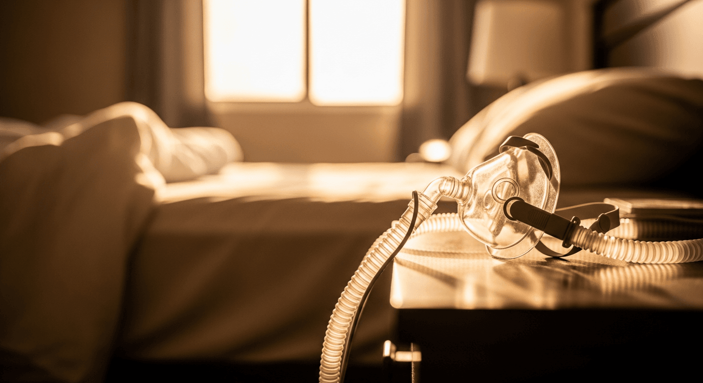 A CPAP mask and tubing rest on a dark wood nightstand in warm golden morning light.