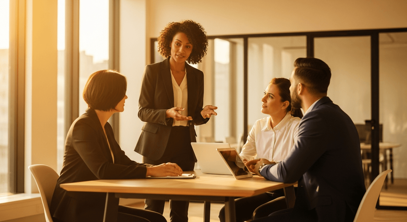 An HR professional leads a meeting with two engaged colleagues in a modern office filled with warm golden light.