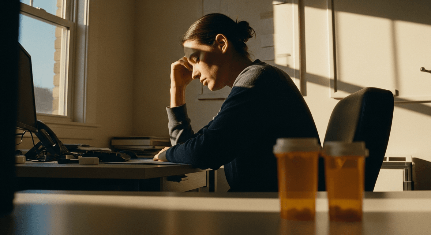 Person hunched at home desk with hand to temple, prescription bottles blurred in foreground, late afternoon light casting shadows across cluttered workspace.