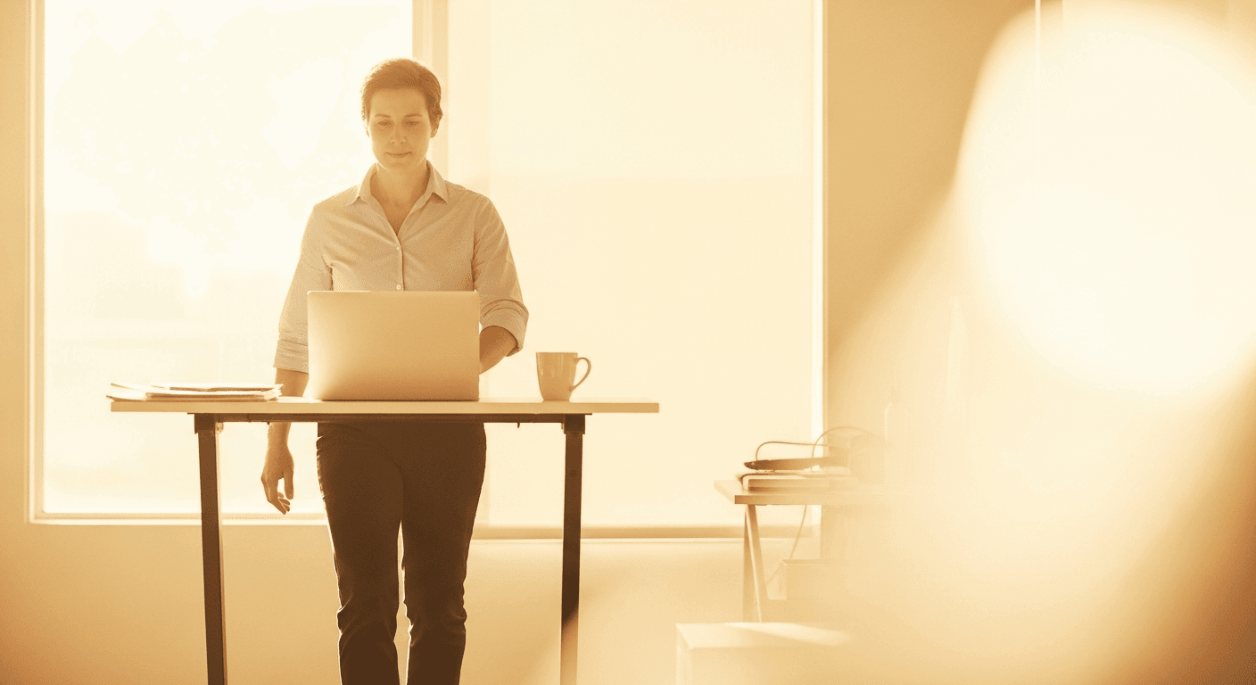 A person walks on an under-desk treadmill while working at a minimalist desk in warm golden daylight.