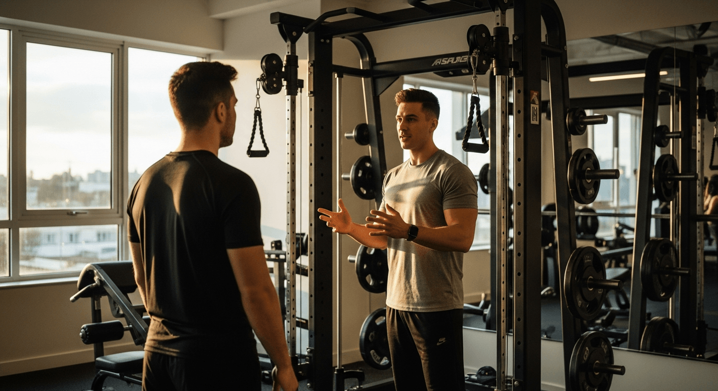 A personal trainer explains equipment to a new client near a weight rack in a gym.