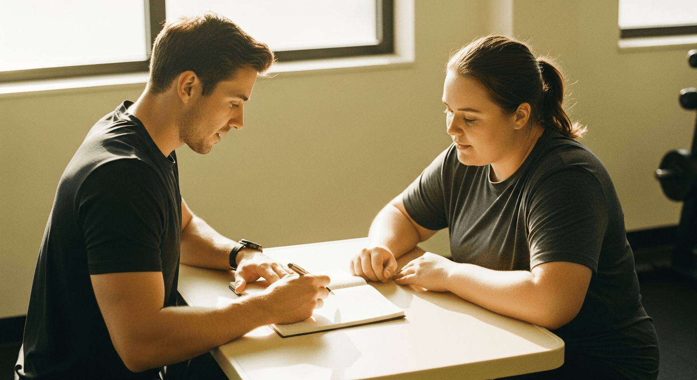 A personal trainer and female client review notes together at a gym table in warm, natural golden-hour light.