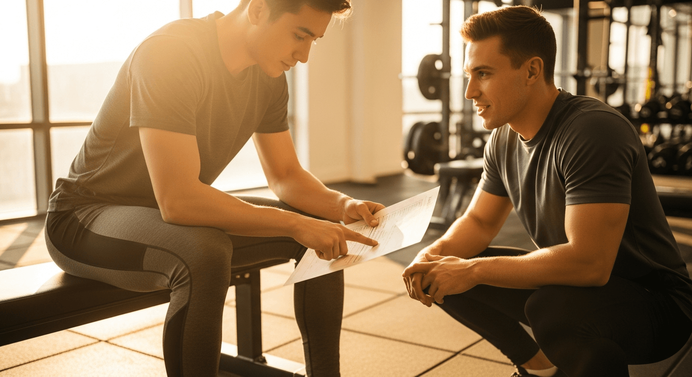 A trainer and client review a printed training plan together in a warmly lit gym, engaged in active discussion.