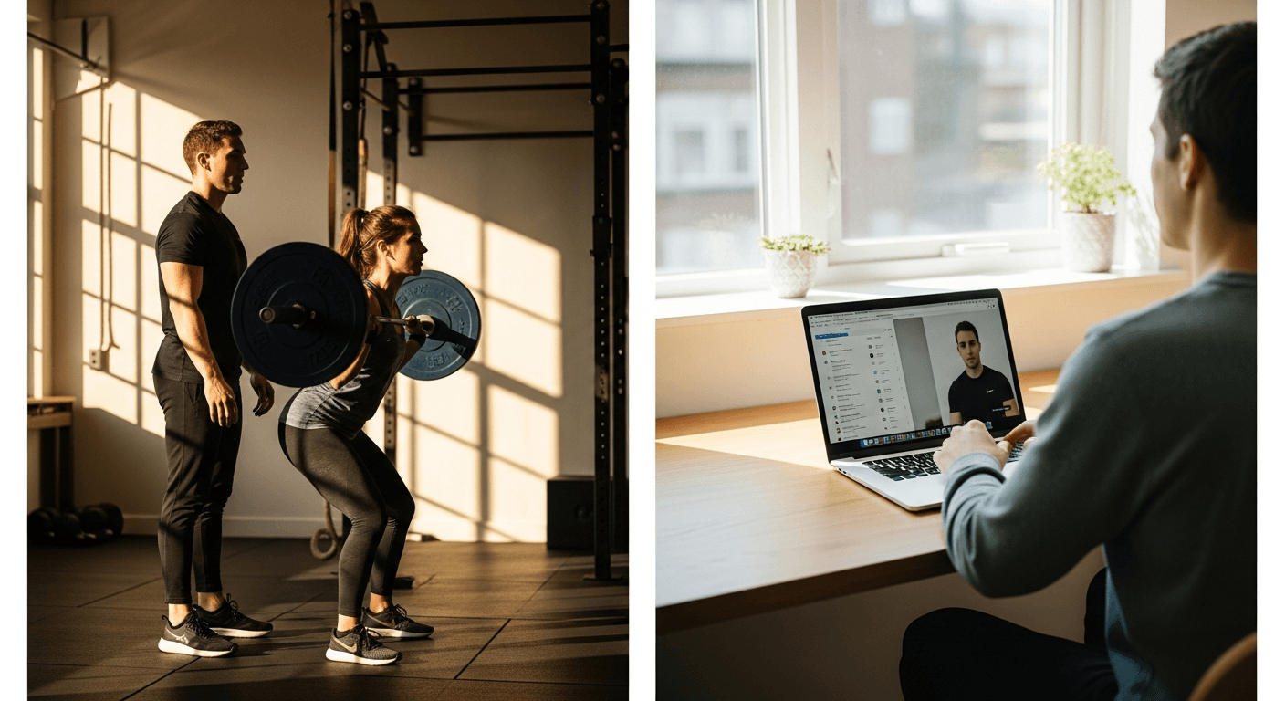 Split-screen comparison: in-person coaching at a gym on left, online video coaching session at home on right.