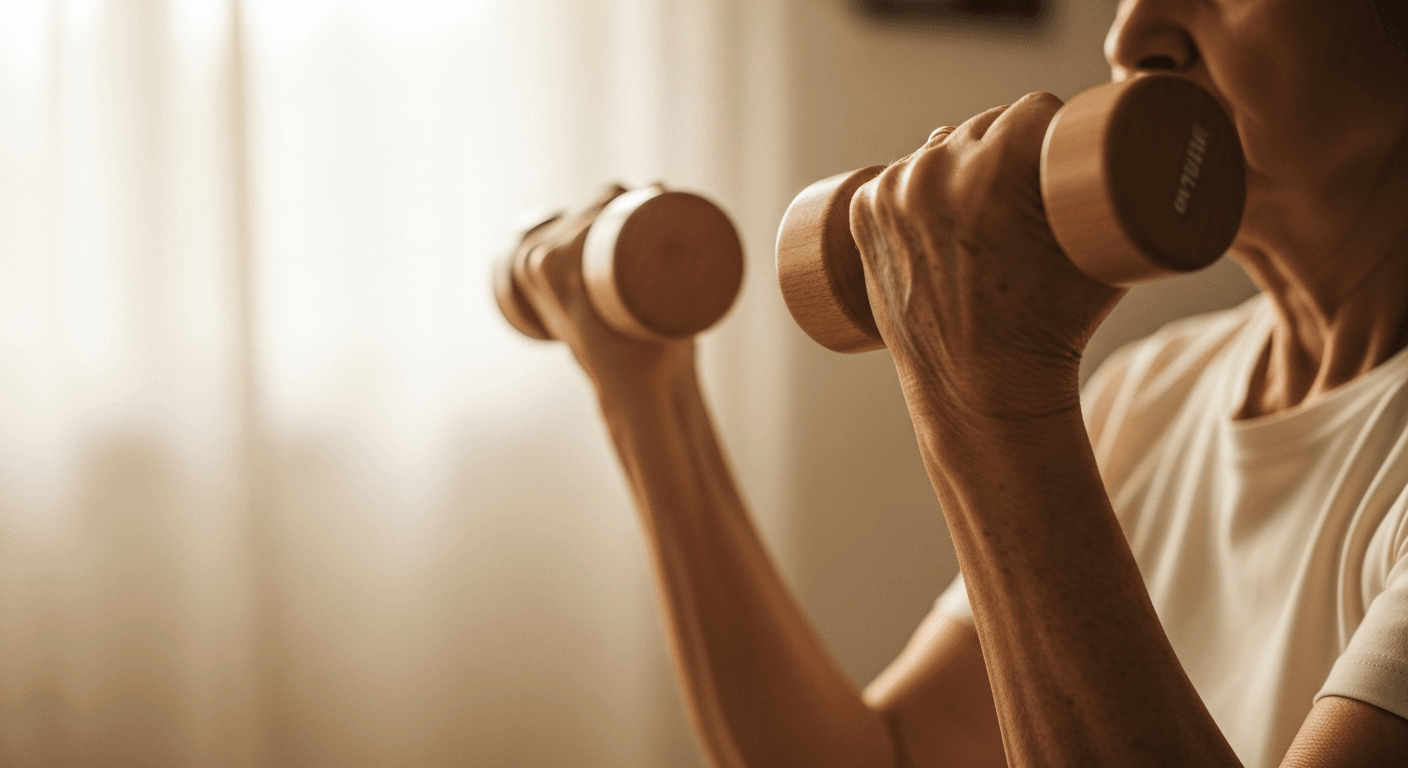 Weathered hands of an older adult lifting compact dumbbells with focused effort in warm natural light.