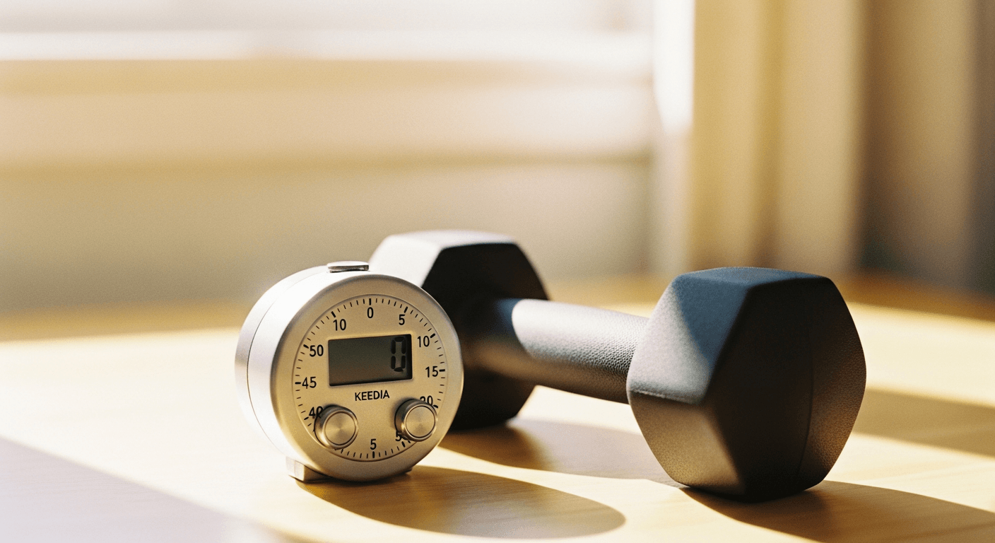 A silver kitchen timer and a dumbbell rest on light wood in warm natural light, evoking a home-gym environment.