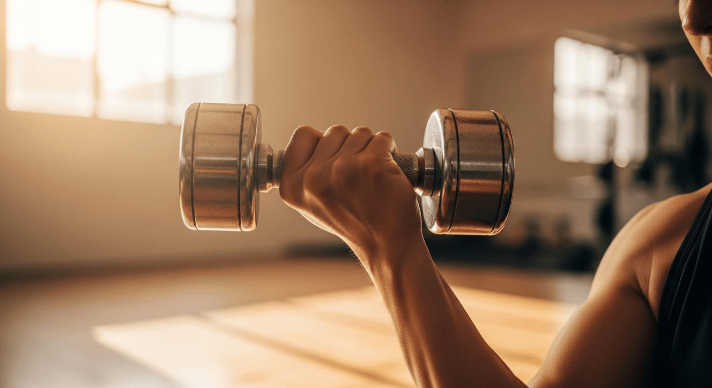 Close-up of hands gripping a dumbbell during a weightlifting exercise in a warm-lit gym setting.