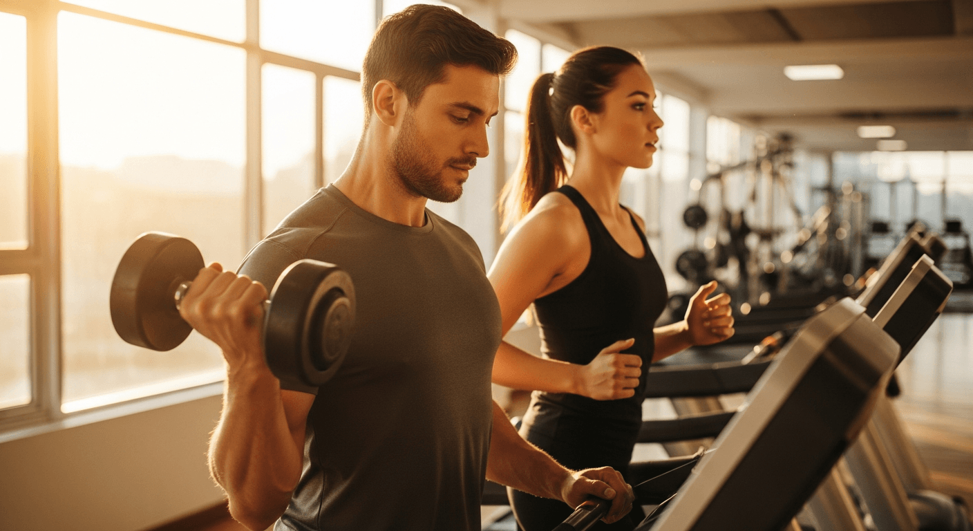 Man and woman training together in a sun-lit gym, one lifting dumbbells, one on a treadmill.