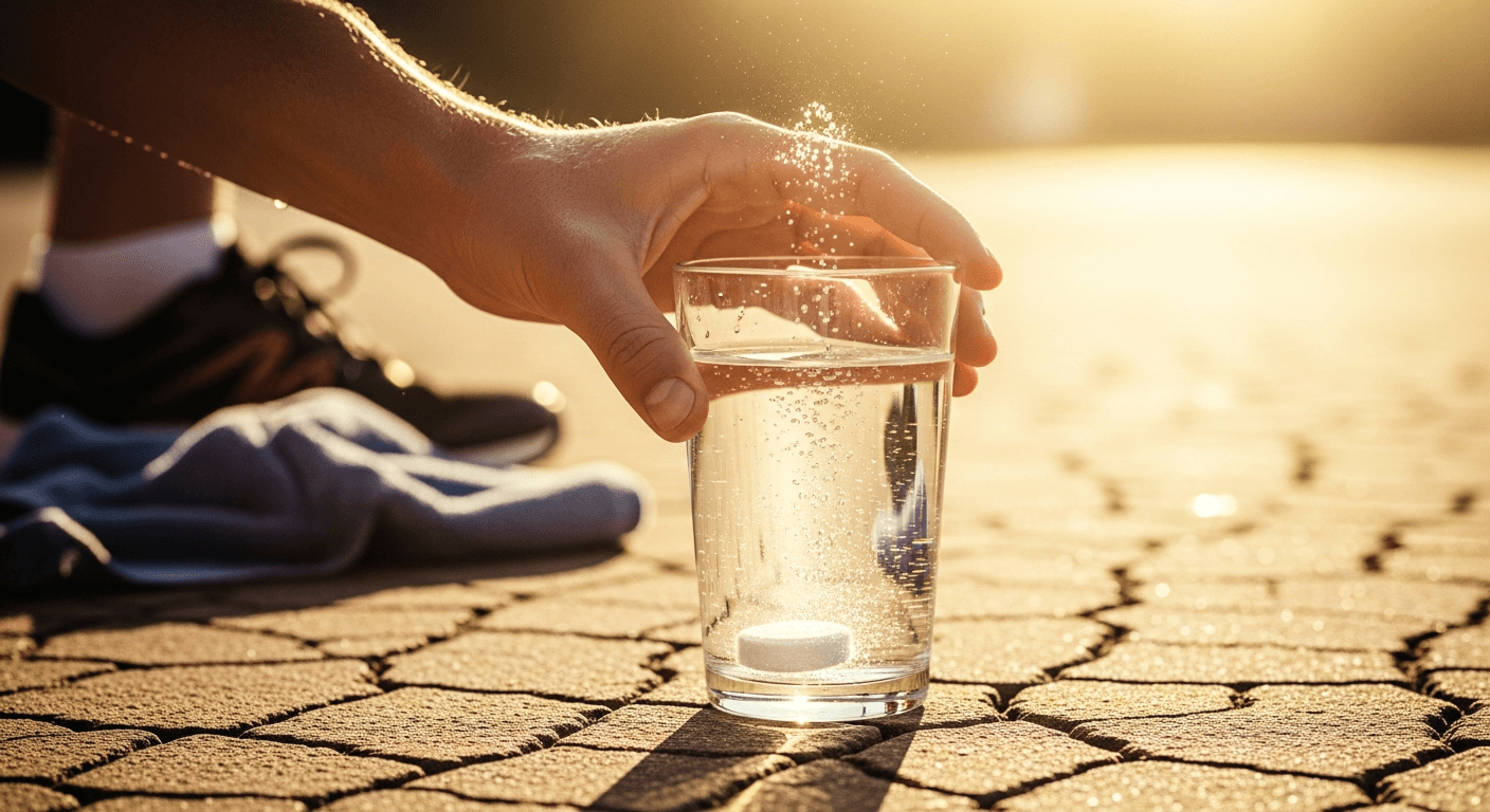 Sweaty athlete setting down a glass of water with fizzing electrolyte tablet on hot pavement in bright summer sunlight.