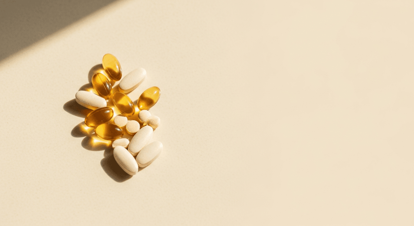 Amber and pearl-toned capsules and tablets scattered on a warm cream ceramic surface.