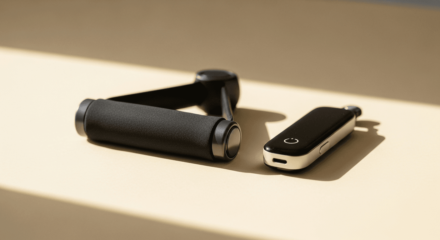 Sleek black resistance machine handle and clinical biometric wearable device on warm cream surface, natural light.