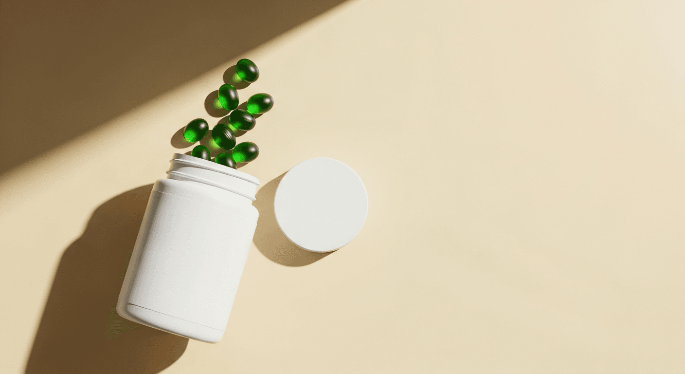 Translucent green gummies spill from a white matte jar onto a warm cream surface in soft light.