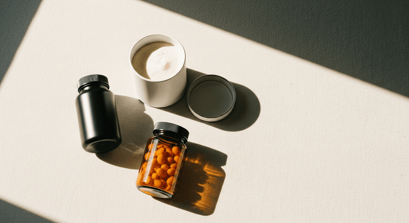 Three premium supplement containers arranged on cream linen with warm, soft golden light.