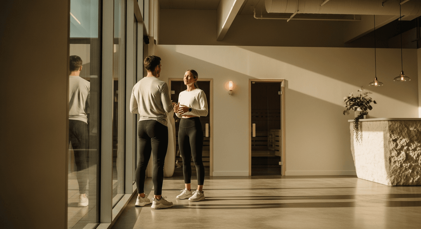 Coach having a conversation with a client in a minimalist premium wellness studio with warm natural light.