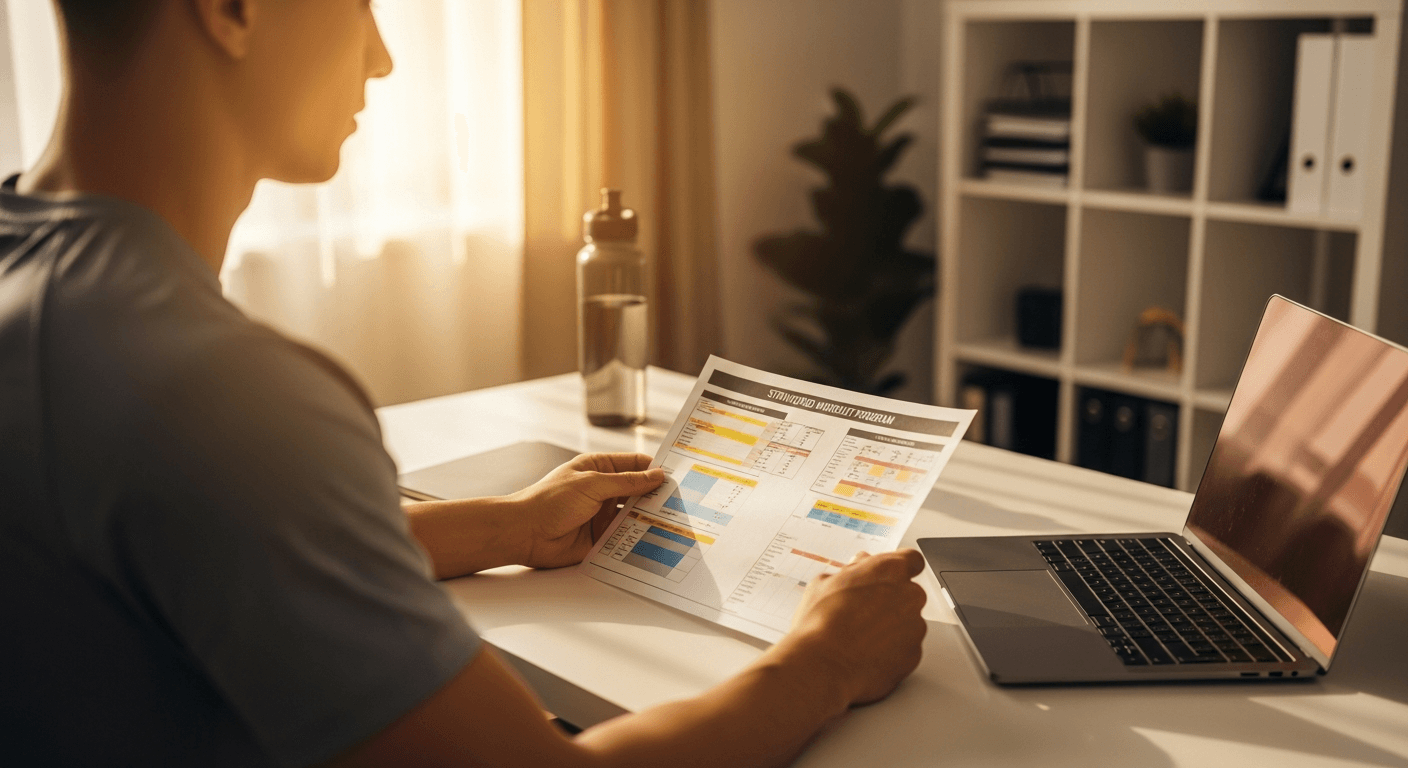 A personal trainer reviews an AI-generated workout program on a laptop at a warm, professional home office desk.