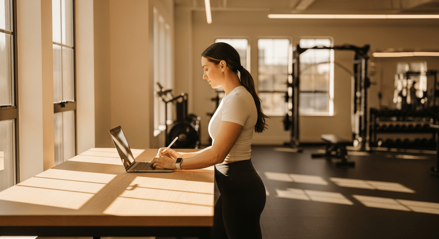 A fitness coach works at a standing desk in a studio gym, using a stylus on an open laptop.