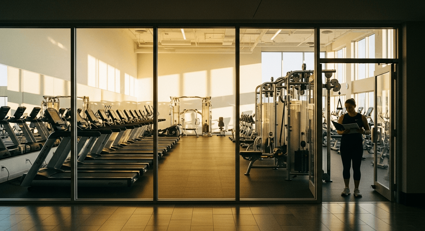 Gym operator reviewing documents outside floor-to-ceiling windows overlooking a premium fitness facility with rows of equipment.