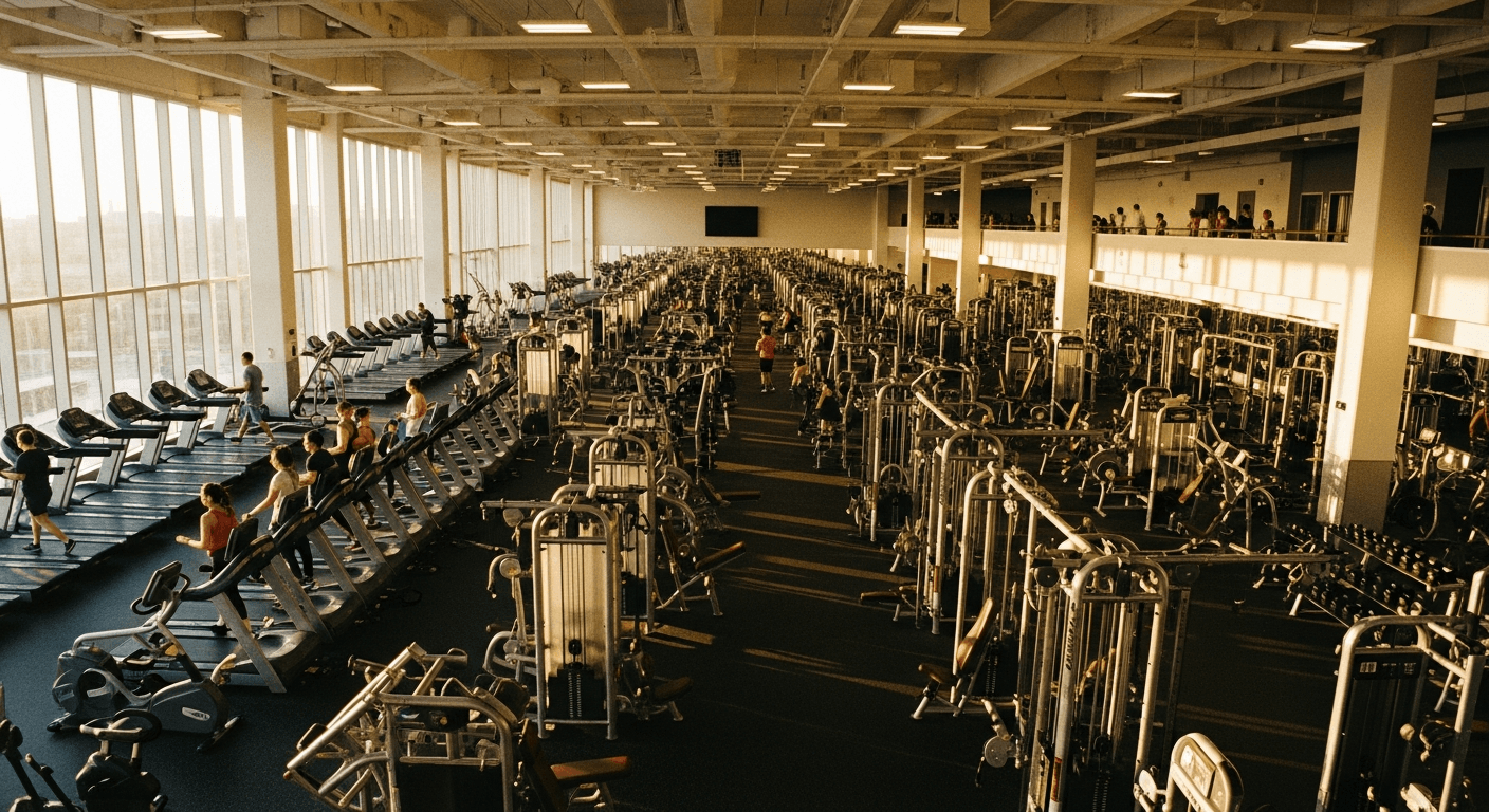 Spacious gym interior with rows of exercise equipment bathed in warm golden afternoon light.