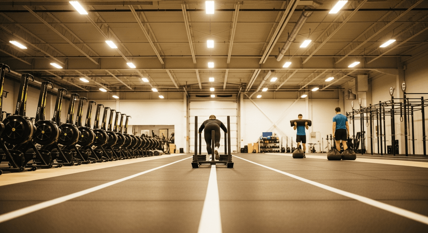 Athlete pushing a weighted sled in a large commercial gym with functional racing equipment and workout stations.