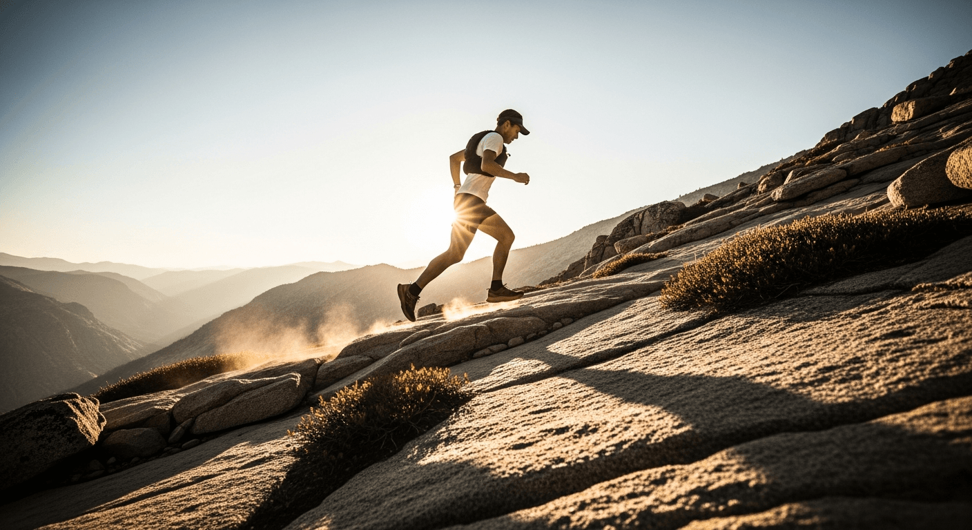 Elite trail runner in motion on a rocky alpine ridge, backlit by golden hour light with dust rising from their shoes.