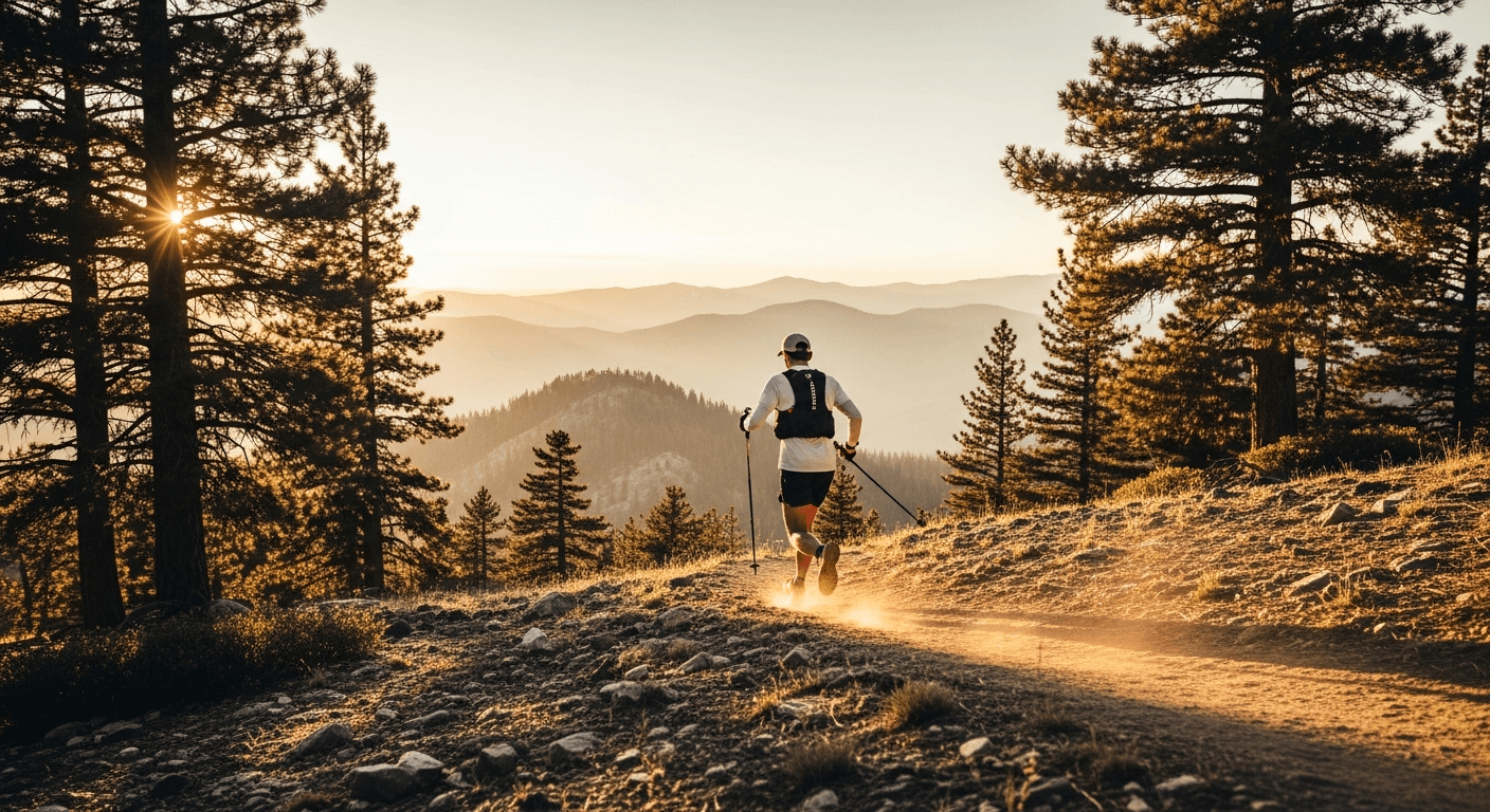 A male ultrarunner ascending a dusty Sierra Nevada trail at sunrise with mountains behind.
