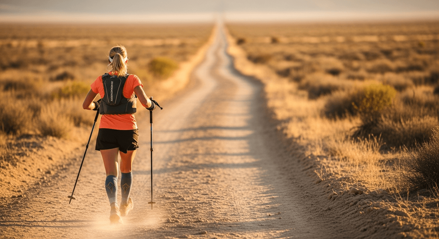 Woman ultramarathon runner mid-stride on dusty desert trail, wearing hydration vest and trekking poles, fatigued posture.