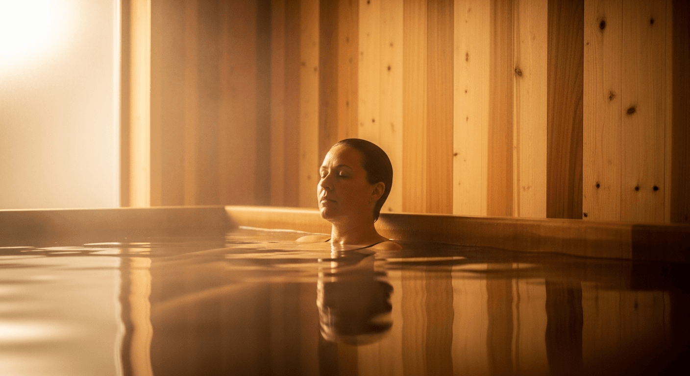 Person submerged in a cedar cold plunge tub, bathed in golden light, in a calm deliberate posture.