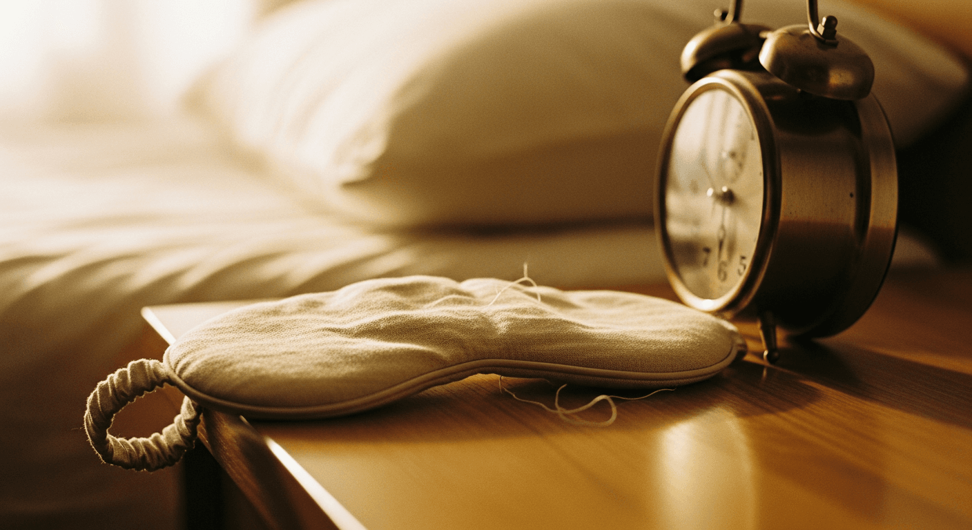 A linen sleep mask rests beside an analog clock on a rumpled bedside table in warm, soft golden morning light.