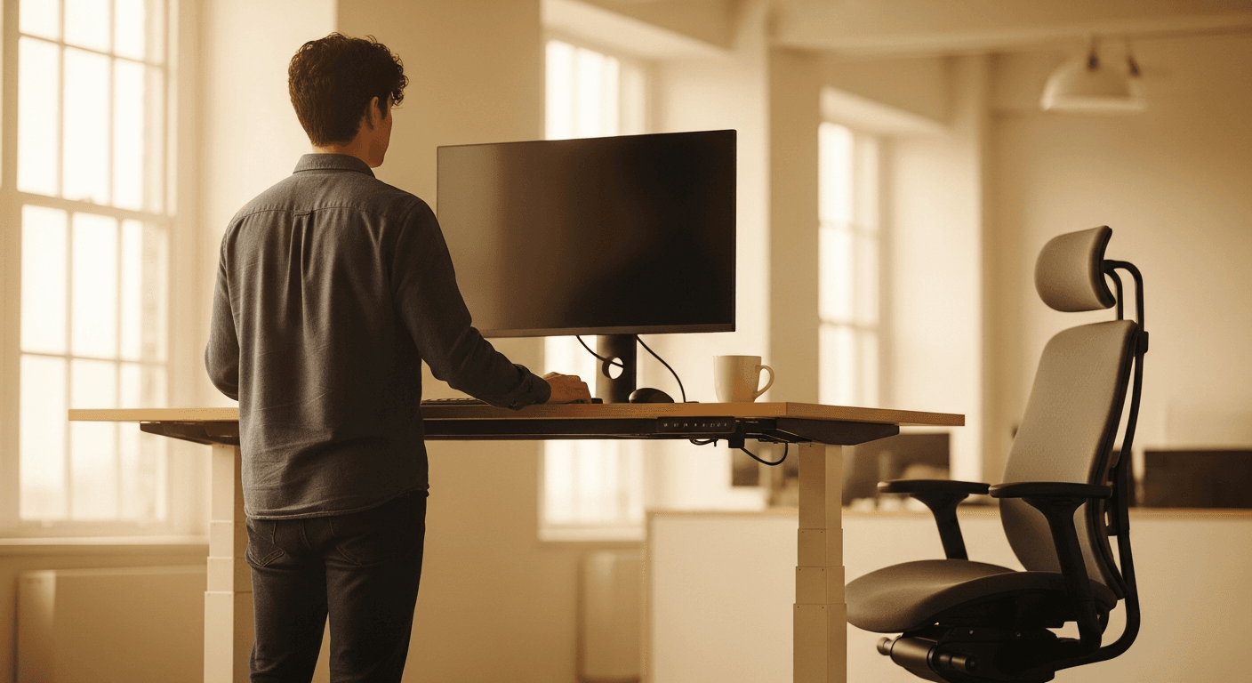 Worker standing at height-adjusted desk with monitor at eye level in a bright open-plan office.