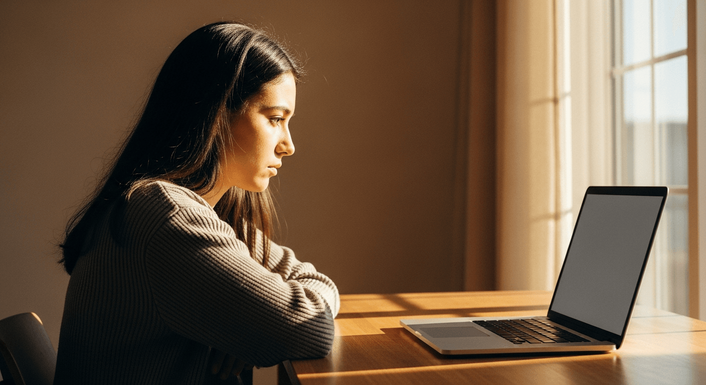 A person sitting alone at a home desk in warm golden light, gazing blankly, conveying the isolation of remote work.