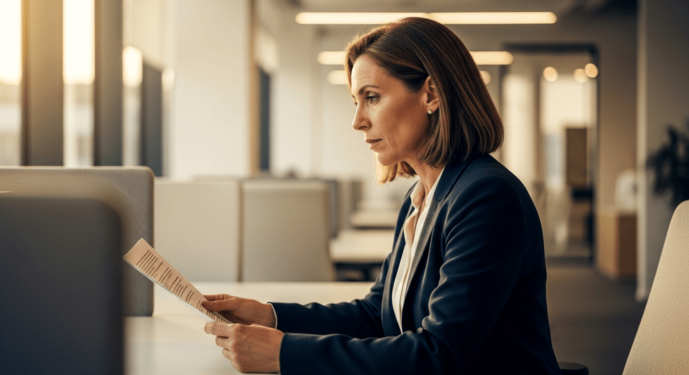 A middle-aged woman at her office desk reads a document intently, warm daylight casting soft light on her focused expression.