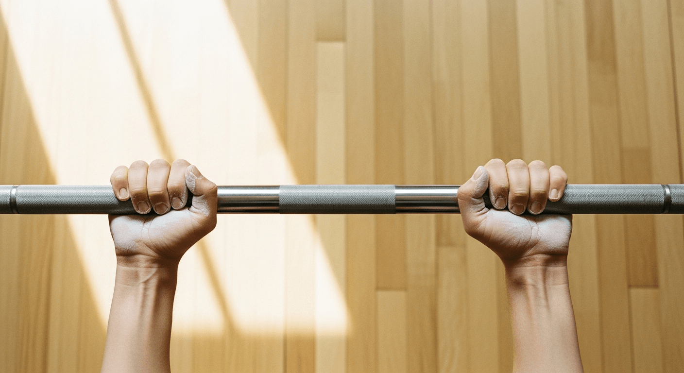 Chalk-dusted hands gripping a raw steel barbell on warm wooden gym flooring, shot from above in golden light.