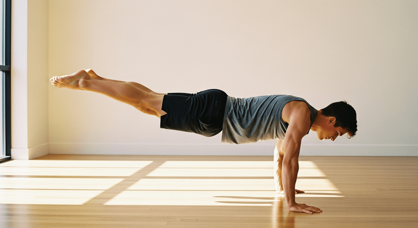 Male athlete performing a planche hold on the floor with locked arms and extended legs in natural golden light.