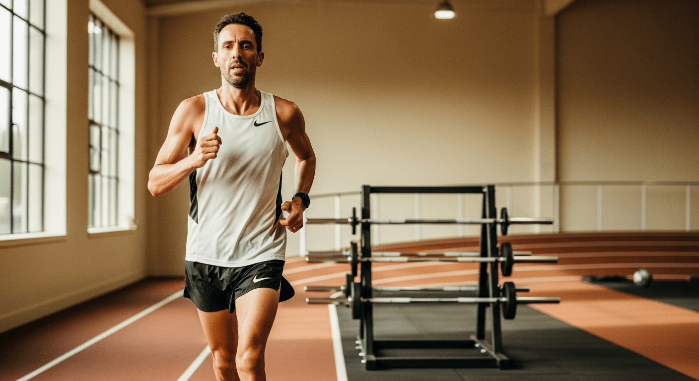 A man in his late 30s running mid-stride on an indoor track with a weight rack blurred in the background.