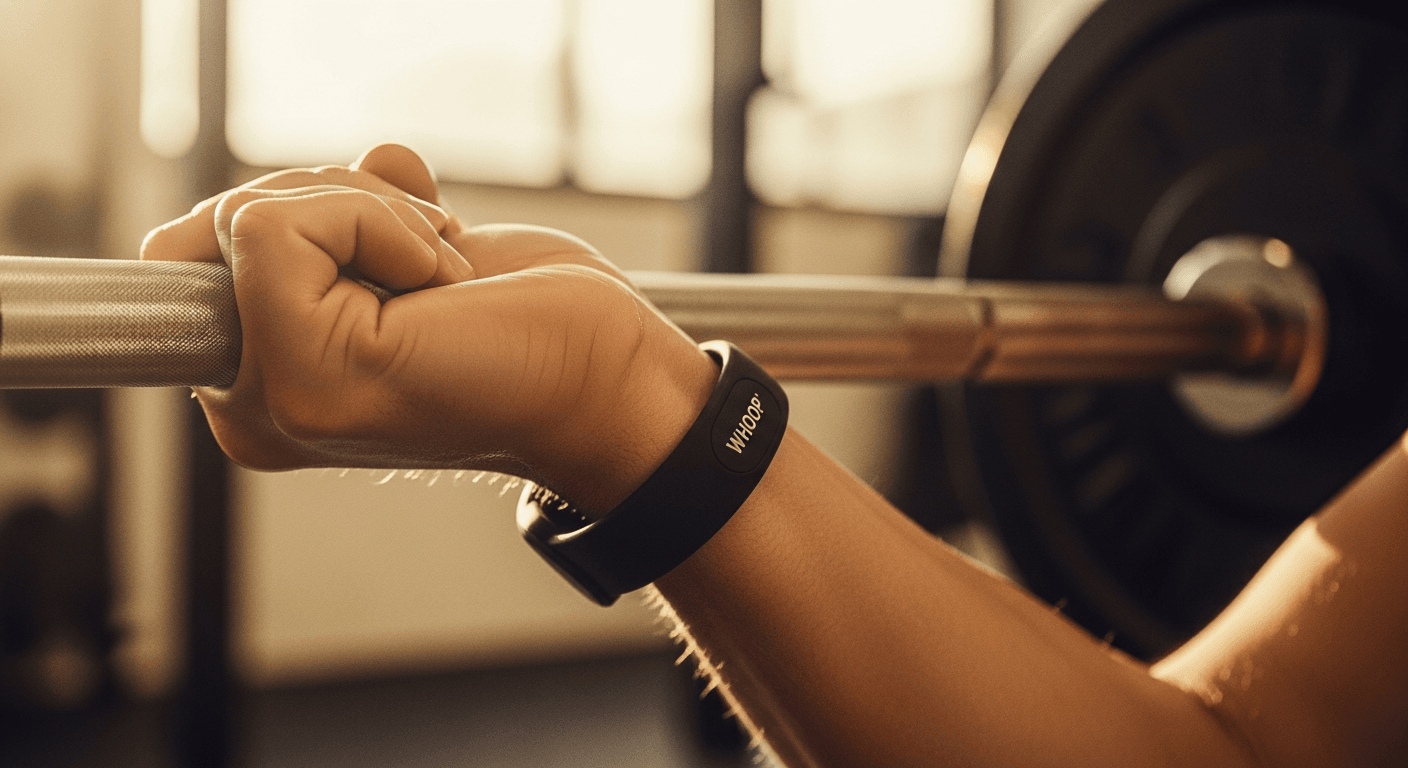 Athlete's wrist with black fitness band gripping barbell during weightlifting in warm gym light.