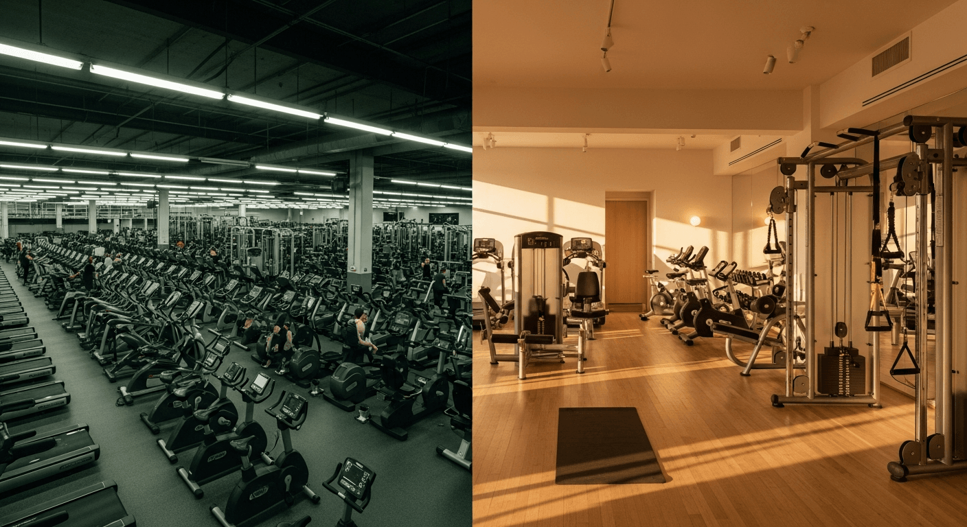 Split-frame contrast between a crowded, industrial budget gym on the left and a bright, upscale boutique fitness studio on the right.