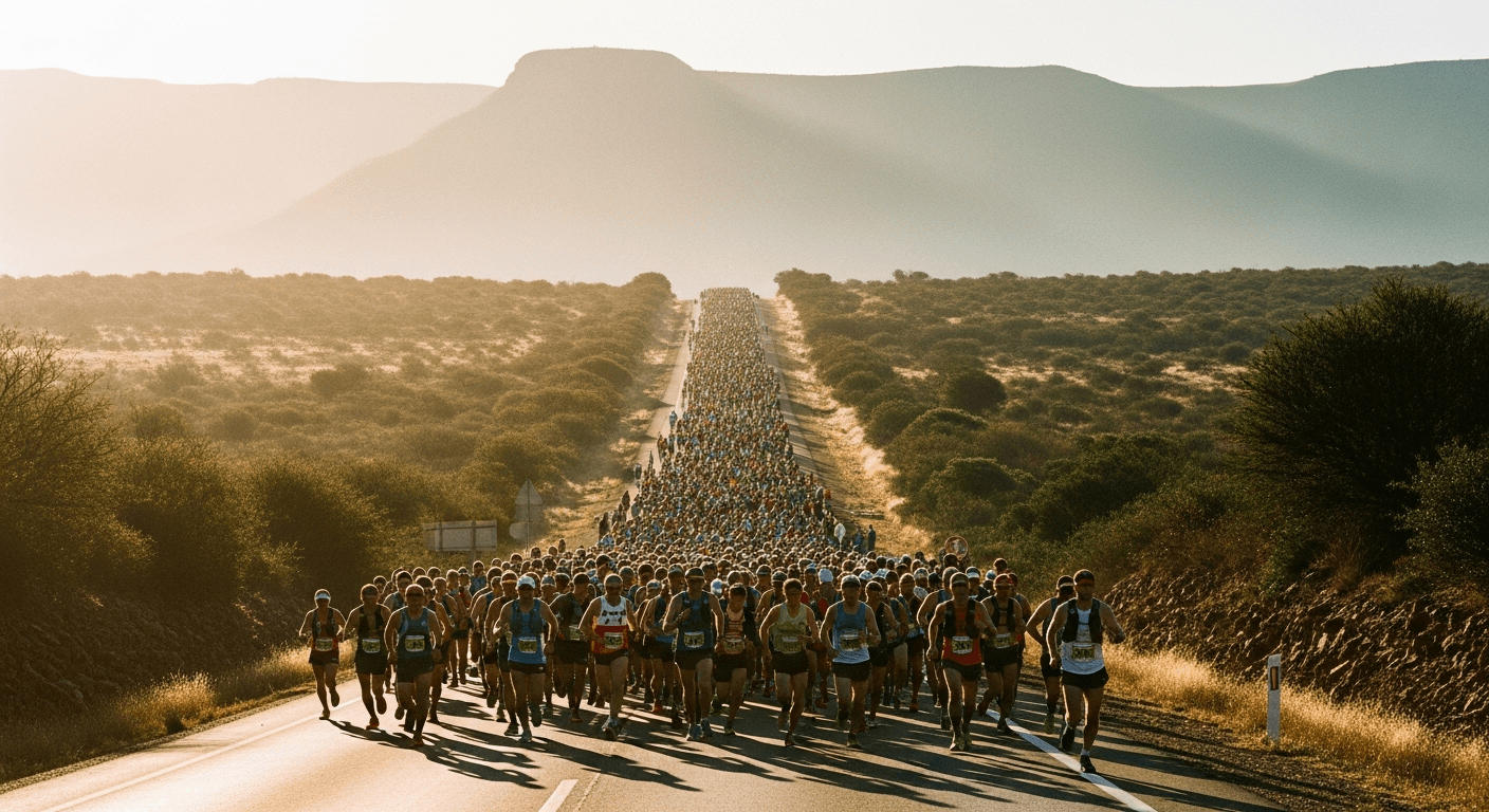 Thousands of runners ascend a steep South African highway in golden hour light during the Comrades Marathon.