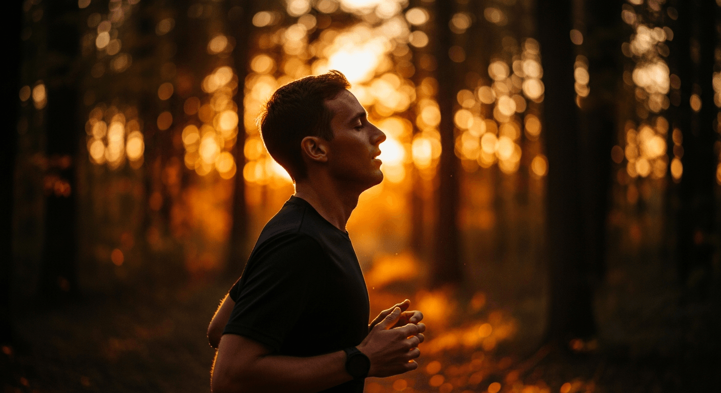 A runner in profile jogging on a forest trail bathed in warm golden-hour sunlight.