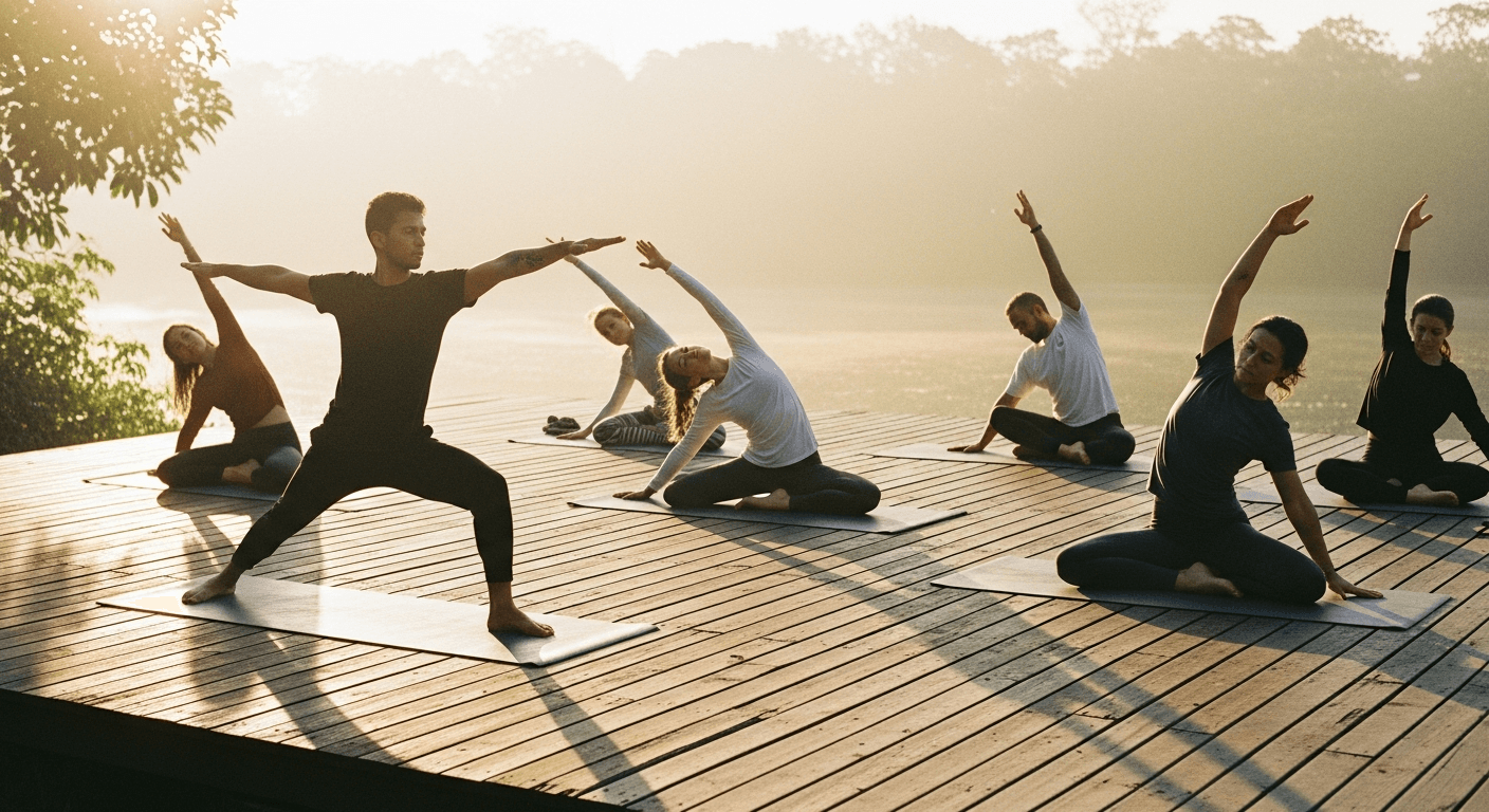 Group of people practicing yoga together on a sunny outdoor terrace in morning light.