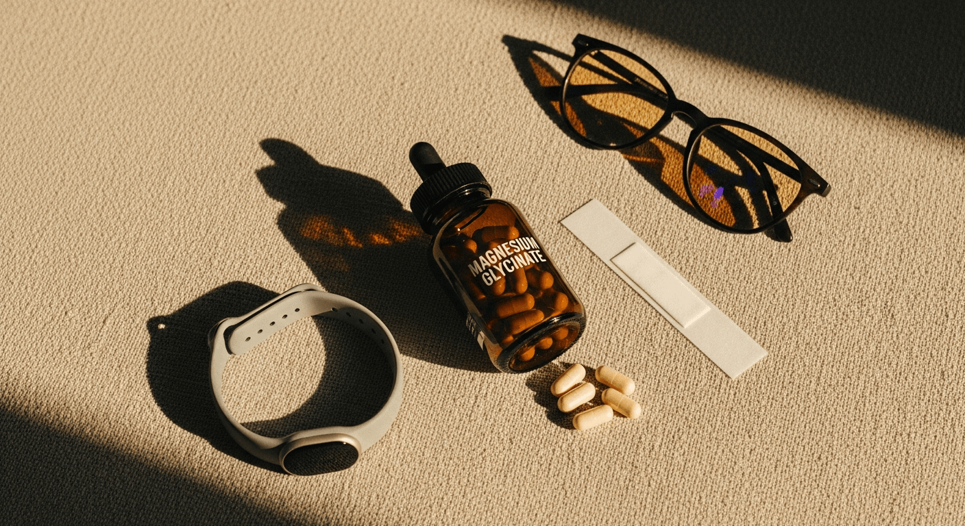 Overhead flat lay of sleep tracker, magnesium supplements, mouth tape, and blue-light glasses arranged on warm linen with golden light.