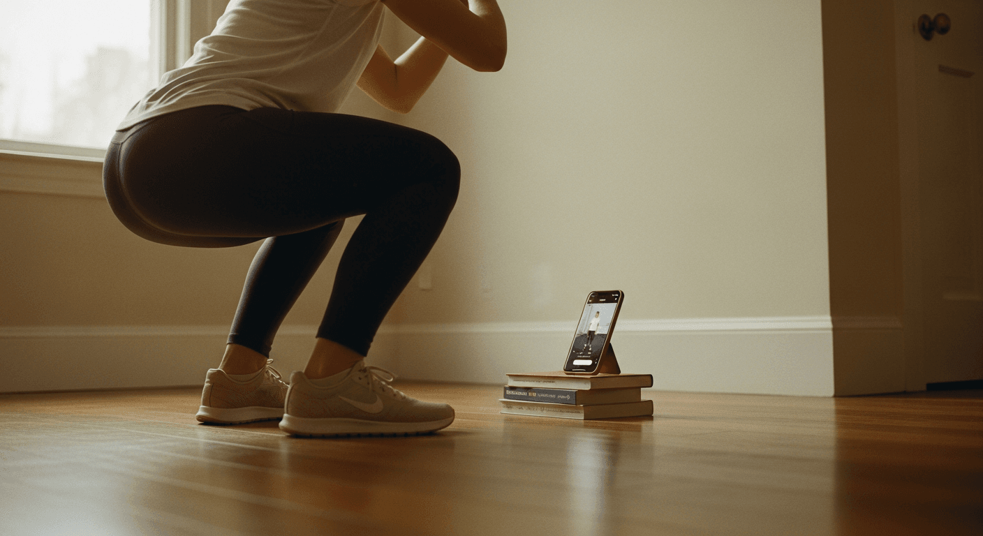 Person doing a squat at home with improper form, following a workout video on a phone propped on books.