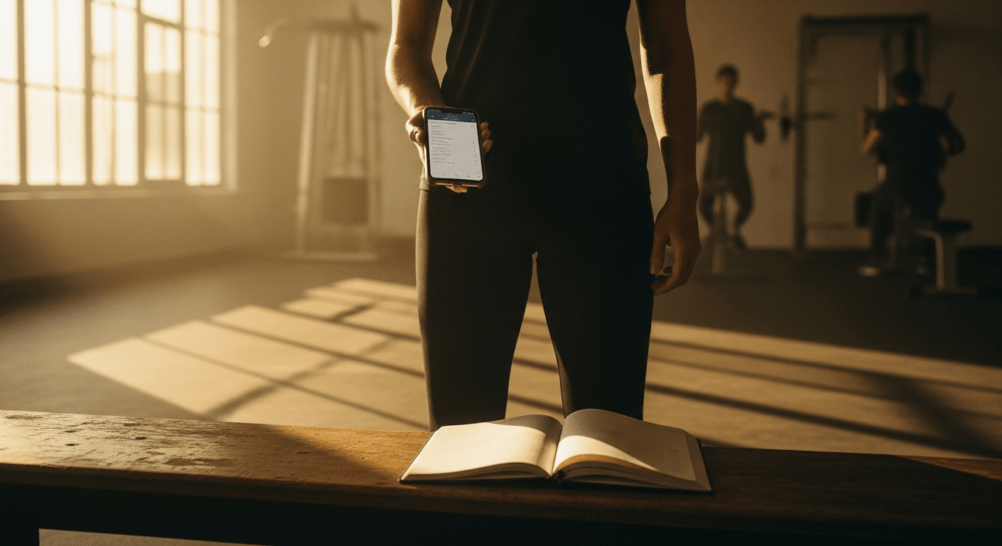 A solitary personal trainer in a quiet gym holding a phone, with a sparse appointment book nearby.