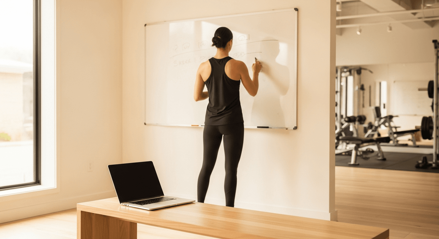 A personal trainer at a gym whiteboard with an open laptop on a nearby bench, blending in-person and remote coaching.