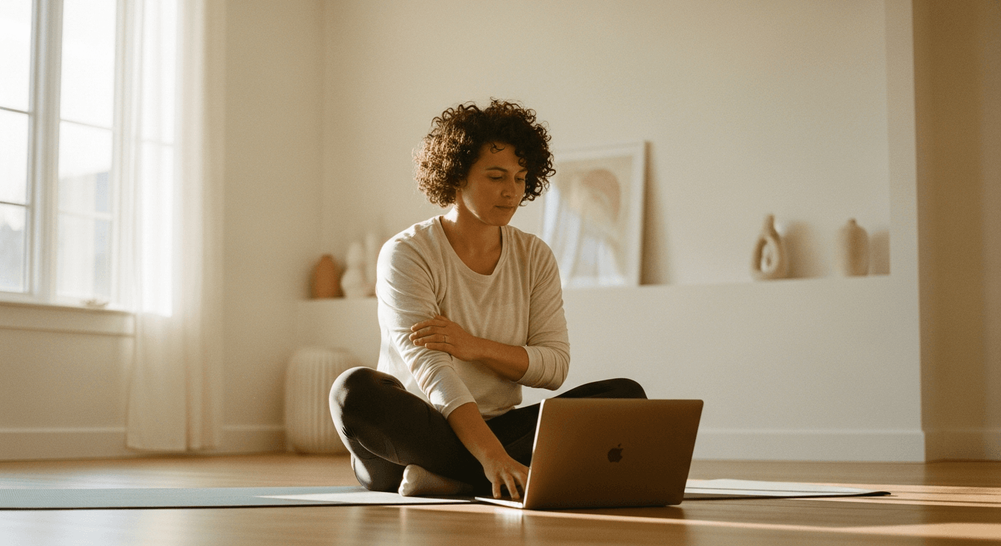 A person in athletic wear follows an online fitness class on their laptop in a bright, sunlit living room.