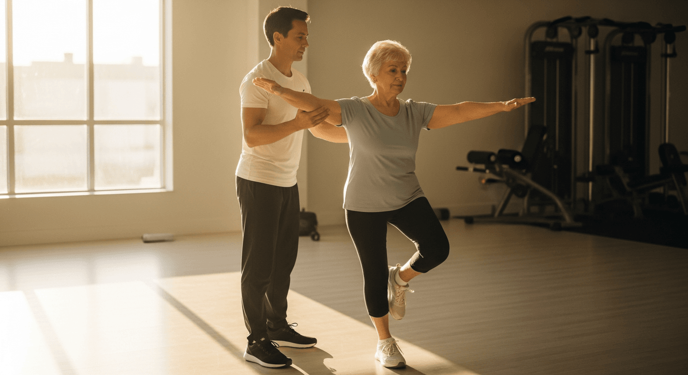 Coach guiding senior woman through single-leg balance exercise in a bright gym.
