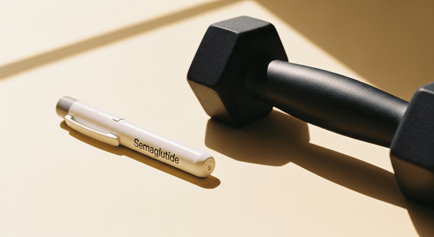 A semaglutide auto-injector pen and black dumbbell on a warm cream surface, lit by soft golden diffused light.